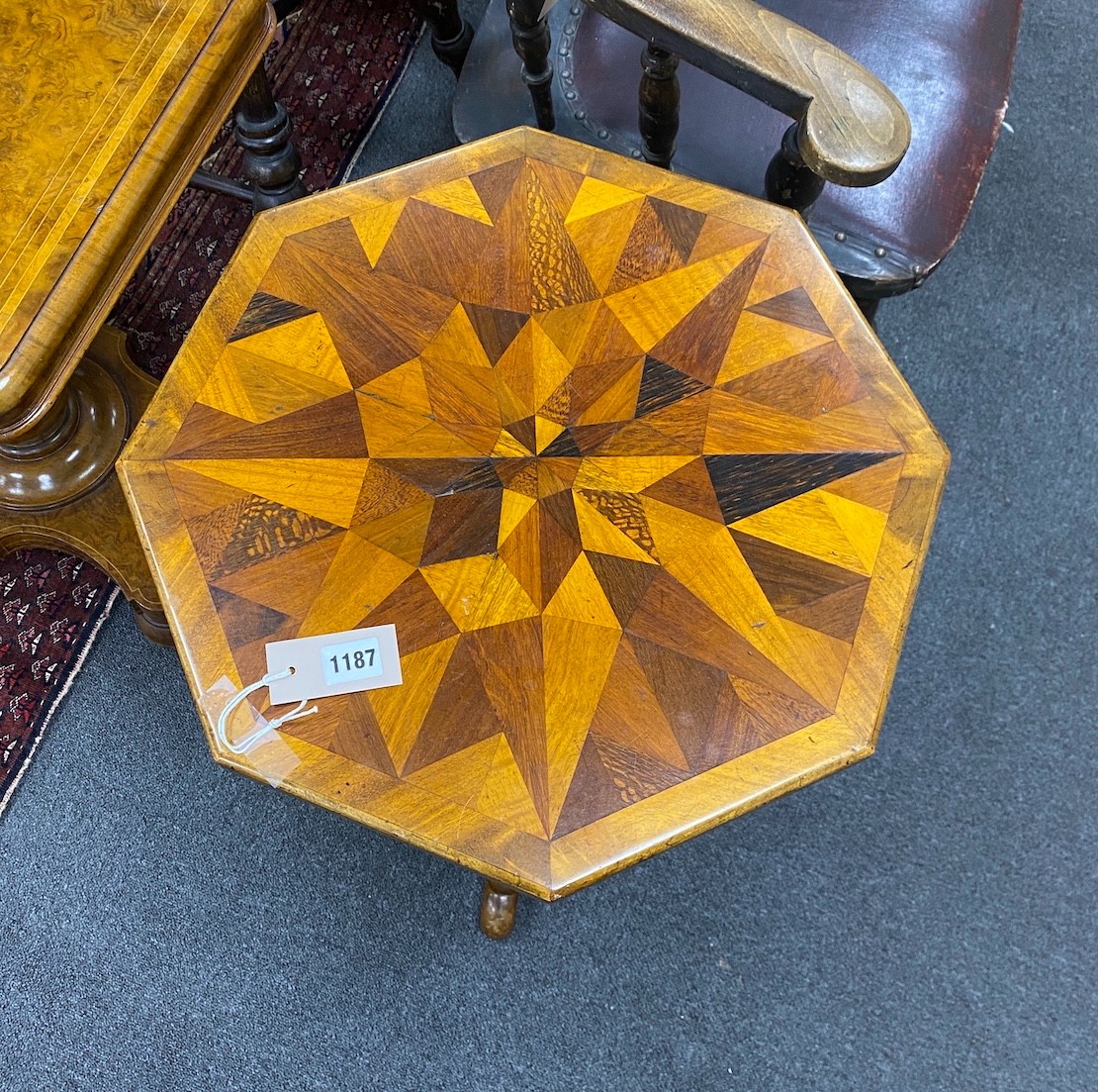 A Victorian octagonal parquetry specimen wood tripod wine table, width 45cm, height 71cm